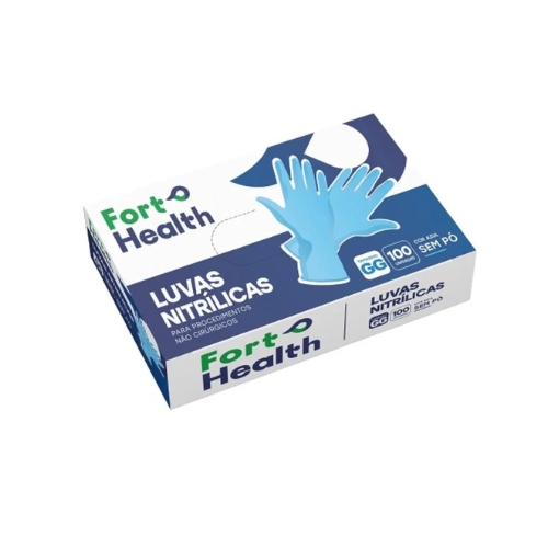 Luva Nitrílica Azul Fort Health – Tamanho GG, pacote com 100 unidades