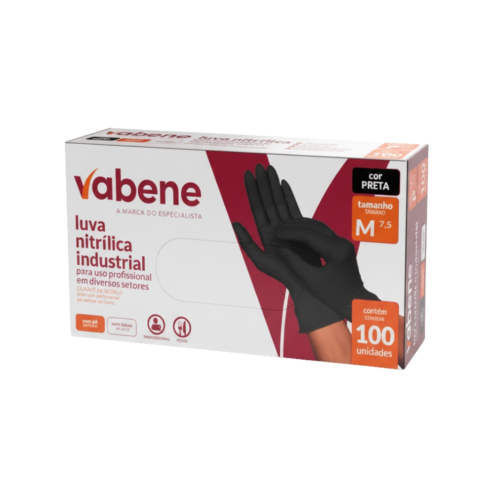 LUVA NITRILICA VABENE SEM PO PRETA M 100UN